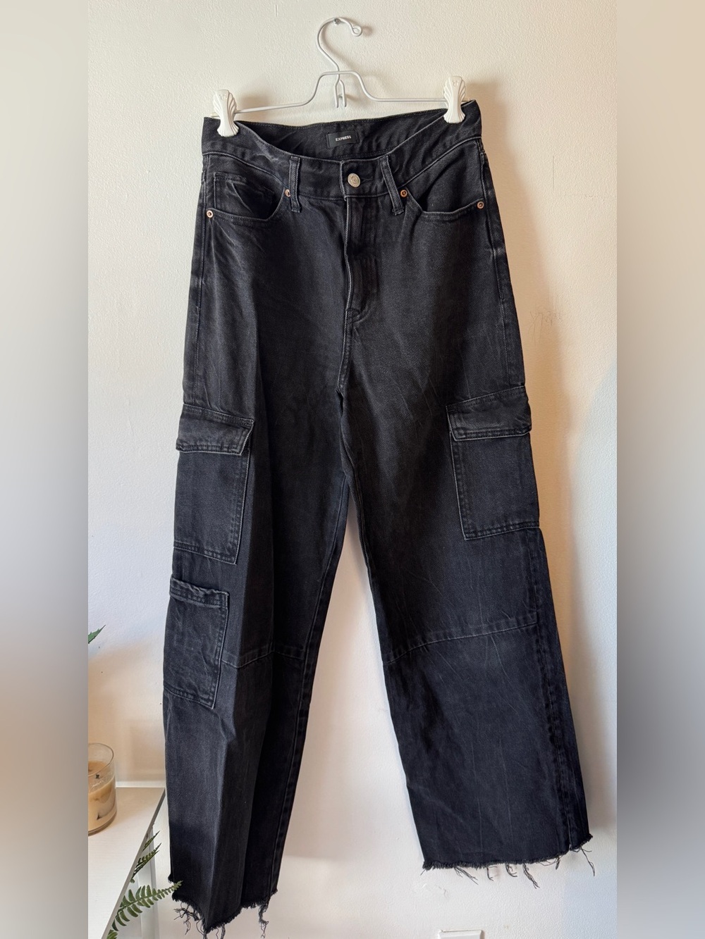 Express High Rise Wide Leg Black Cargo Jeans